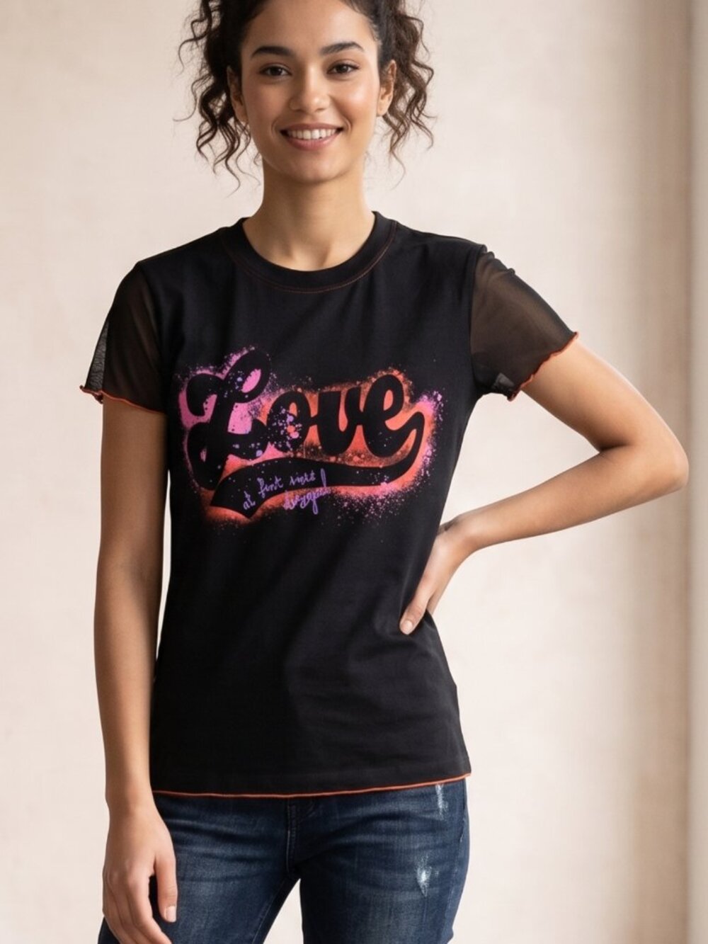 NWT Desigual Black Sheer Mesh Sleeve Graffiti Love Graphic Tee XSmall